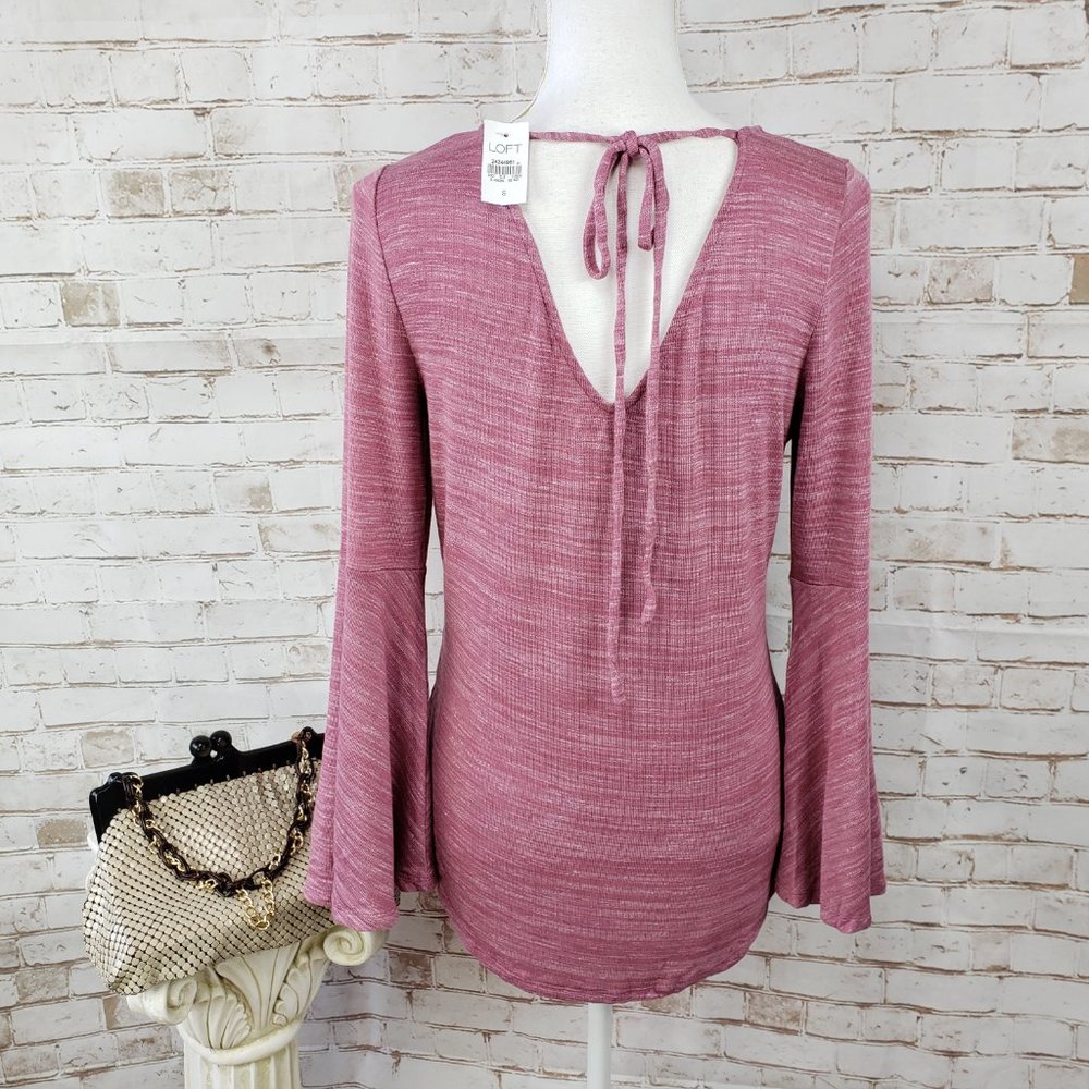 NWT LOFT Size S Mauve Pink Space Dye Long Bell Sleeve Tie Back Knit Pullover Top - Picture 4 of 9